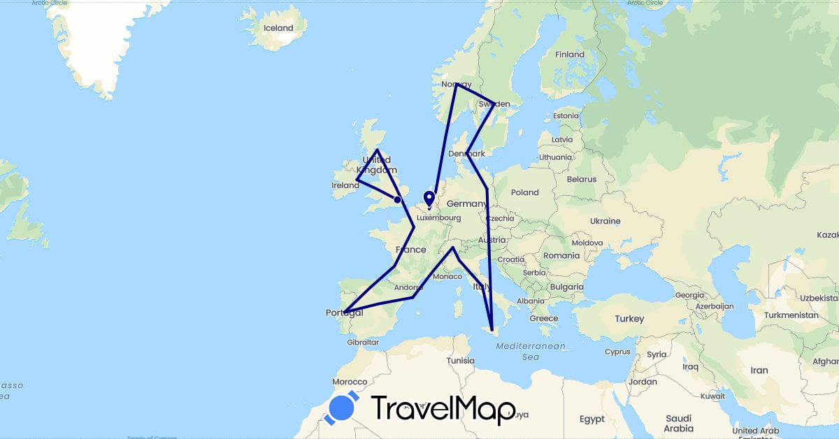 TravelMap itinerary: driving in Belgium, Switzerland, Germany, Denmark, Spain, France, United Kingdom, Ireland, Italy, Netherlands, Norway, Portugal, Sweden (Europe)